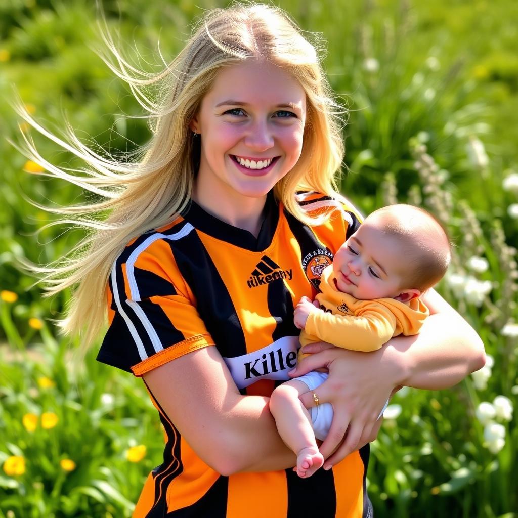 An 18-year-old blonde girl wearing a Kilkenny GAA jersey, proudly holding a baby in her arms