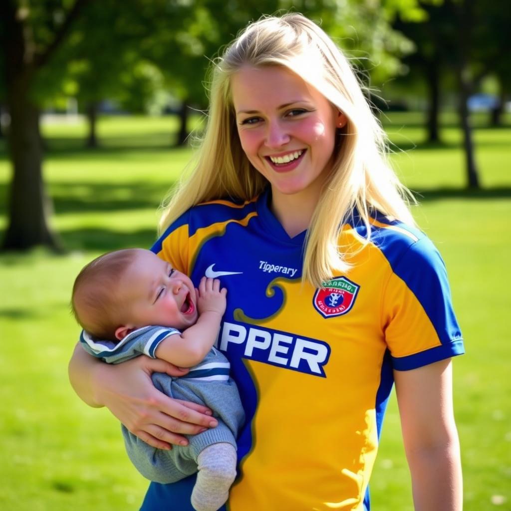 A young blonde woman, approximately 18 years old, joyfully wearing a vibrant Tipperary GAA jersey