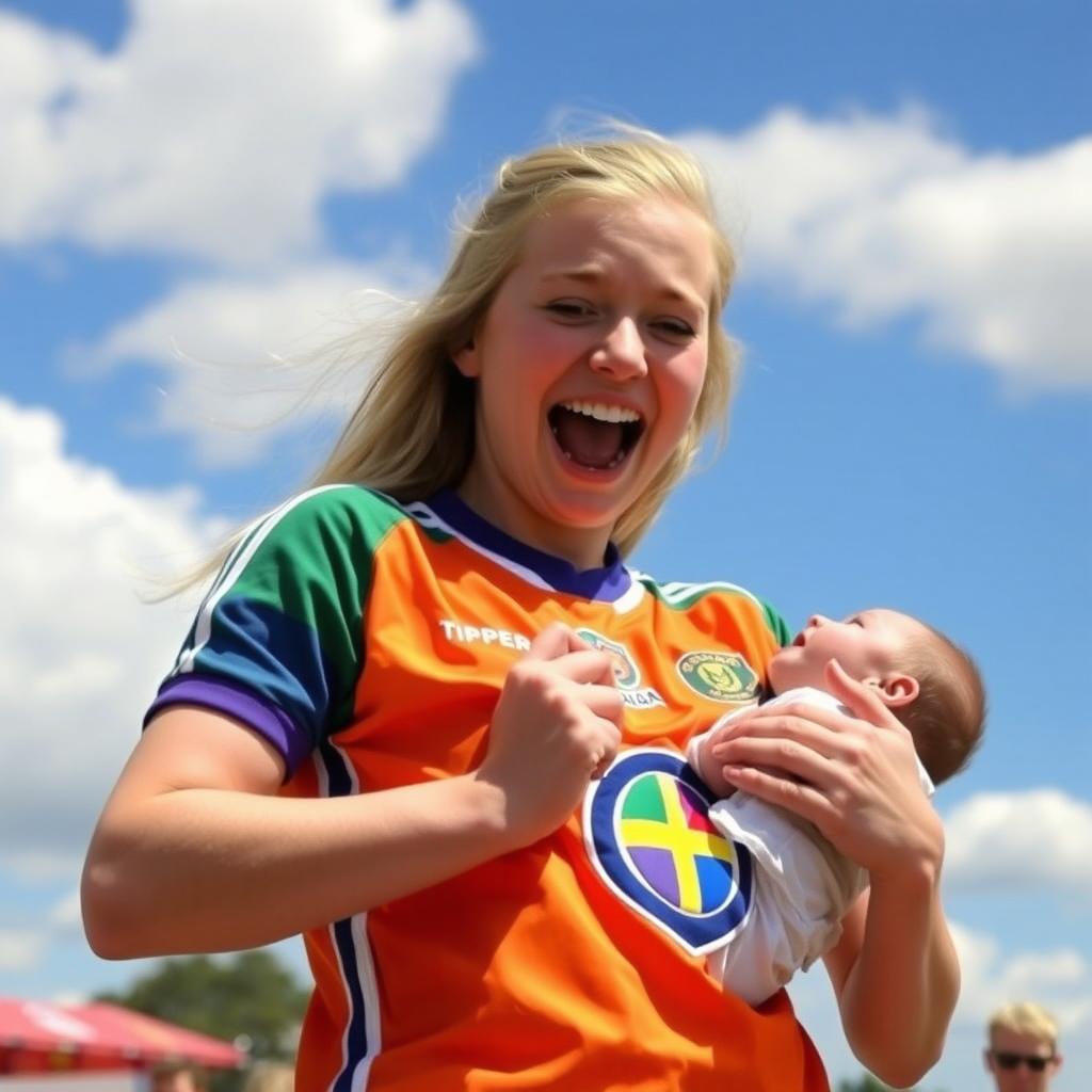 A vibrant scene of a blonde girl aged 17, wearing a bright and colorful Tipperary GAA jersey, joyfully holding a screaming baby in her arms