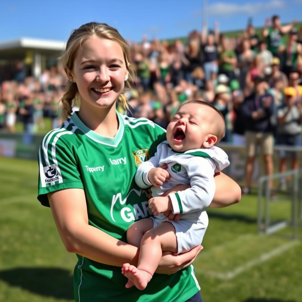 A teenage girl with blonde hair, approximately 17 years old, wearing a Tipperary GAA jersey, smiling as she stands in a lively outdoor setting