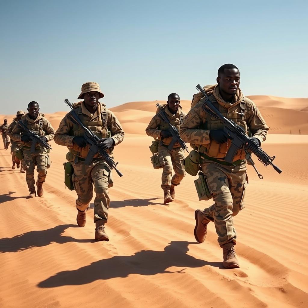 African Sahel soldiers marching towards the front, dressed in camouflage uniforms, carrying weapons and gear, with a backdrop of vast sandy desert and rolling dunes under a bright blue sky