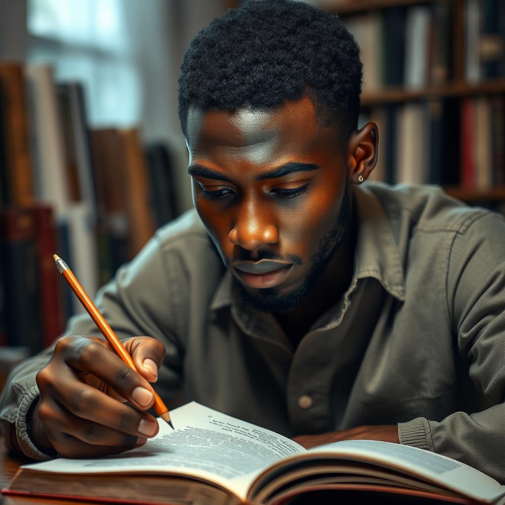A young Black man deep in thought, holding a pencil in his hand, contemplating over an open book