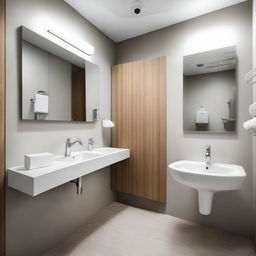 A clean, modern men's bathroom in a dental clinic, equipped with a urinal, toilet, sleek counter with a hand wash basin, mirror, appropriate signages, hygiene essentials, and muted colors contributing to a comfortable patient experience.