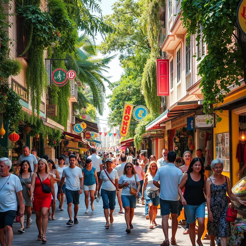 A vibrant street scene filled with bustling crowds, colorful market stalls, and lush greenery, featuring various people of different ethnicities and ages walking, shopping, and engaging with one another, with bright storefronts and decorations enhancing the atmosphere