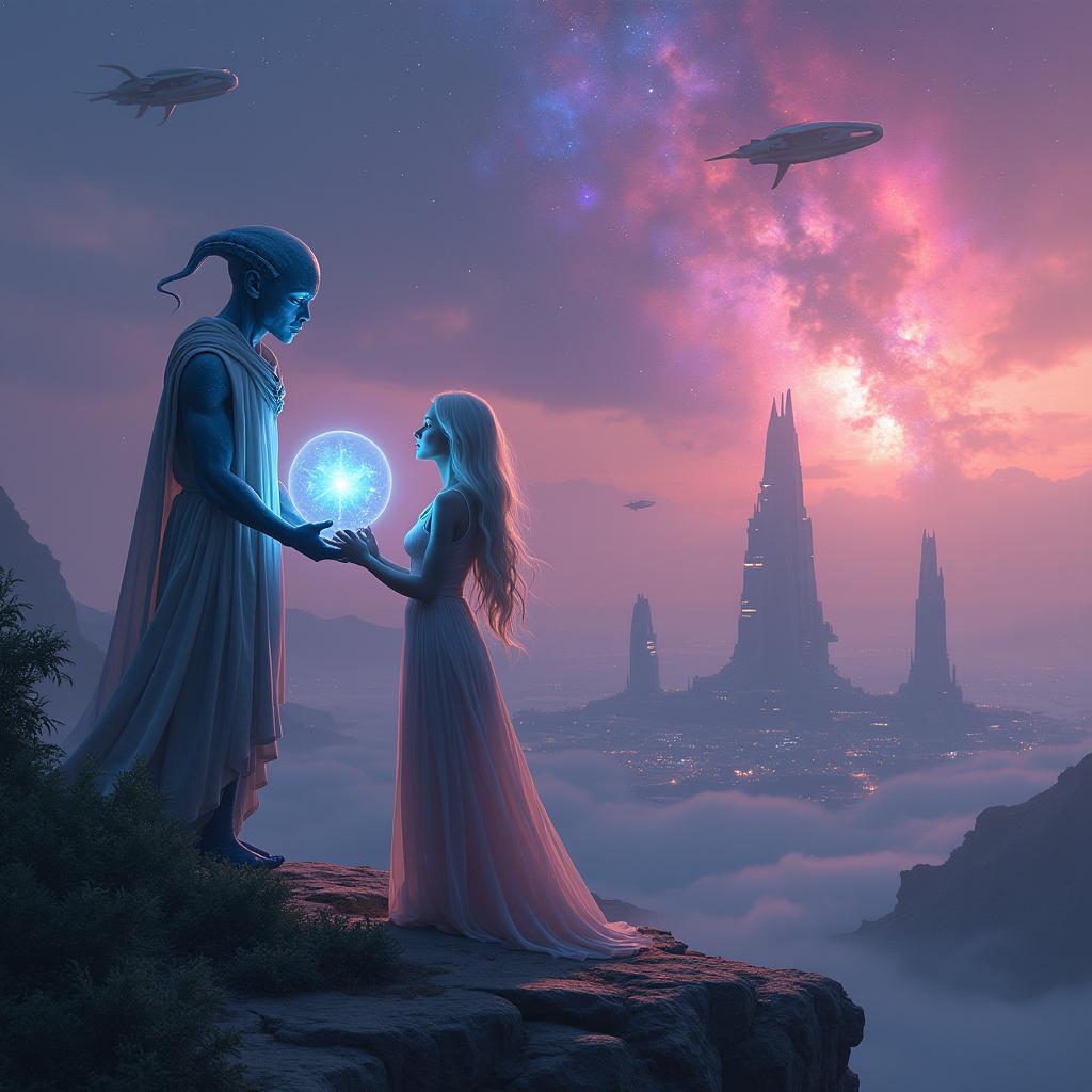 A breathtaking sci-fi romance scene set on a distant, futuristic planet during twilight
