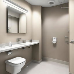 A clean, modern men's bathroom in a dental clinic, equipped with a urinal, toilet, sleek counter with a hand wash basin, mirror, appropriate signages, hygiene essentials, and muted colors contributing to a comfortable patient experience.