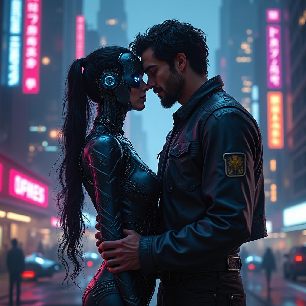 A passionate sci-fi romance set in a futuristic cityscape at night, with neon lights illuminating the scene