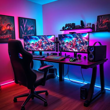 A visually stunning game setup scene featuring a sleek gaming desk with dual monitors displaying vibrant game graphics
