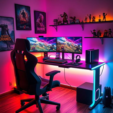 A visually stunning game setup scene featuring a sleek gaming desk with dual monitors displaying vibrant game graphics