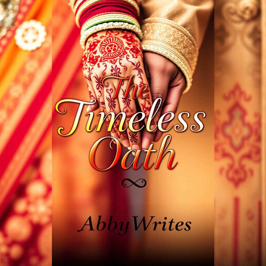 A romantic book cover design featuring a background that showcases the hands of an Indian bride and groom holding each other