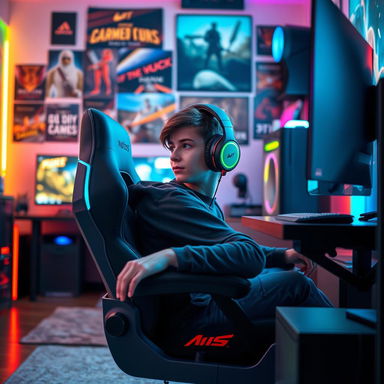 A cool gamer boy sitting in a modern gaming chair, surrounded by high-tech gaming equipment and colorful LED lights