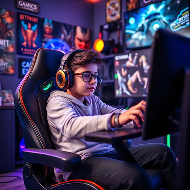 A cool gamer boy sitting in a modern gaming chair, surrounded by high-tech gaming equipment and colorful LED lights
