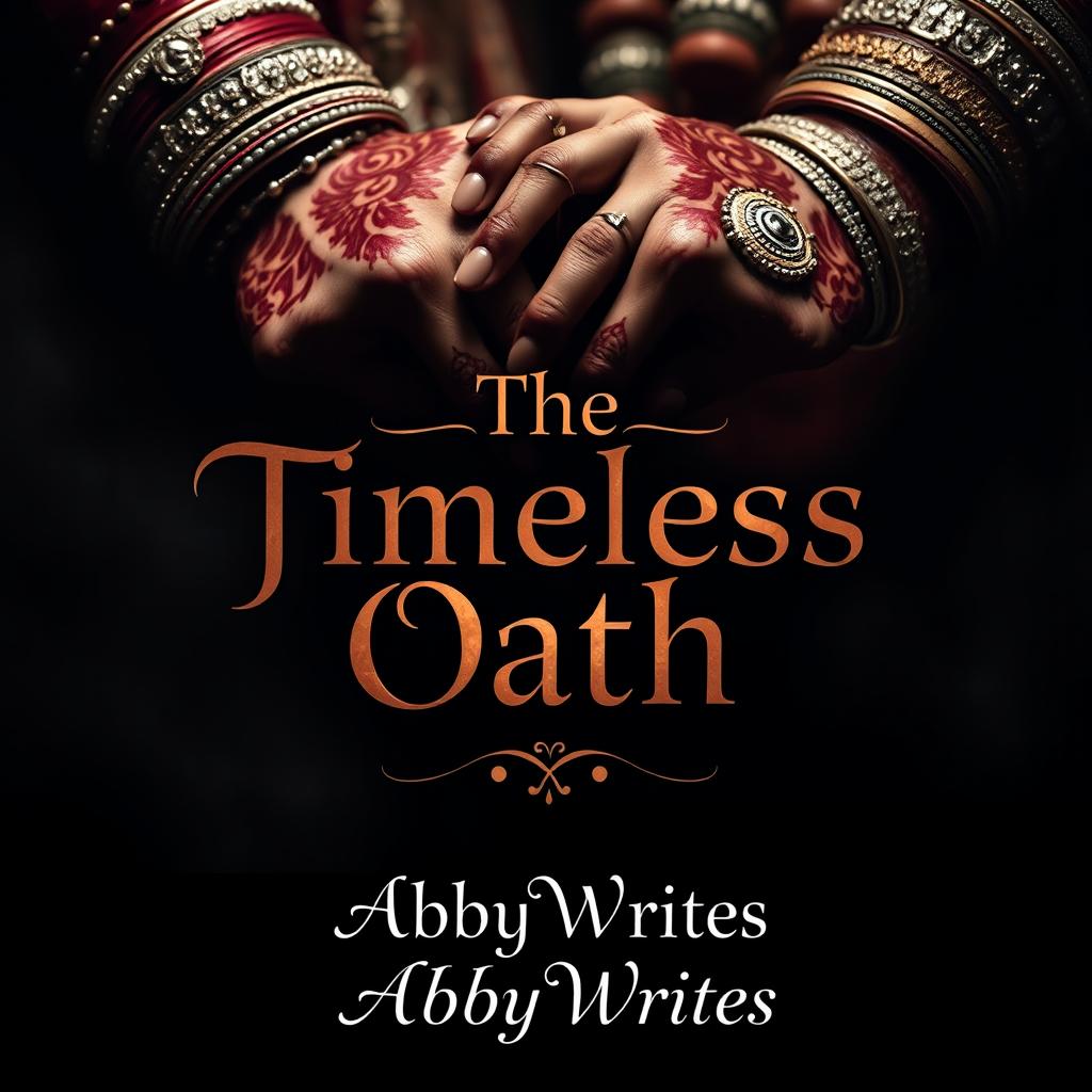 A captivating dark fantasy book cover featuring a background that depicts the hands of an Indian bride and groom holding each other, intricately adorned with traditional jewelry and mehndi