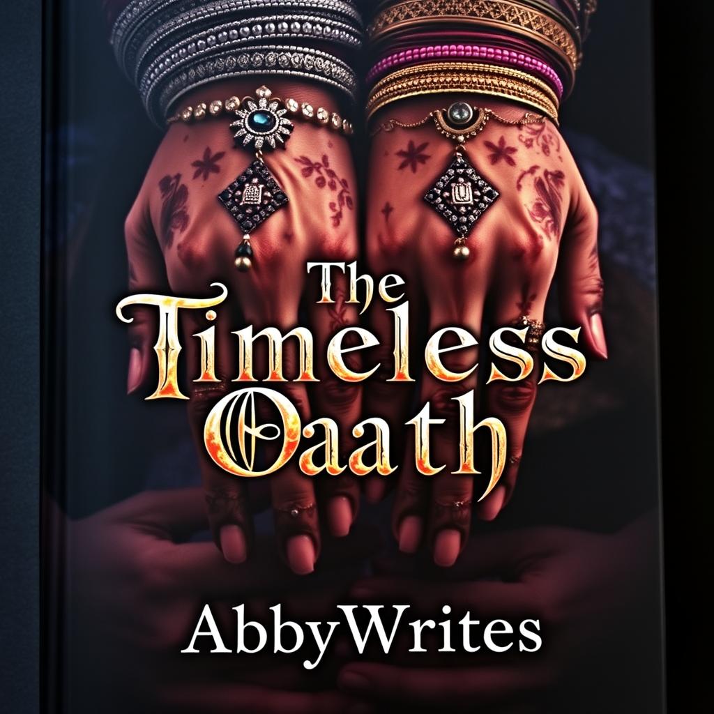 A dark fantasy book cover featuring a captivating background illustrating the hands of an Indian bride and groom holding each other, adorned with elaborate jewelry and mehndi