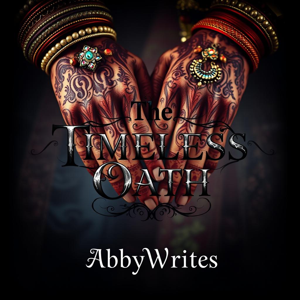 A dark fantasy book cover featuring a striking background with the hands of an Indian bride and groom holding each other, intricately decorated with vibrant mehndi designs and ornate jewelry