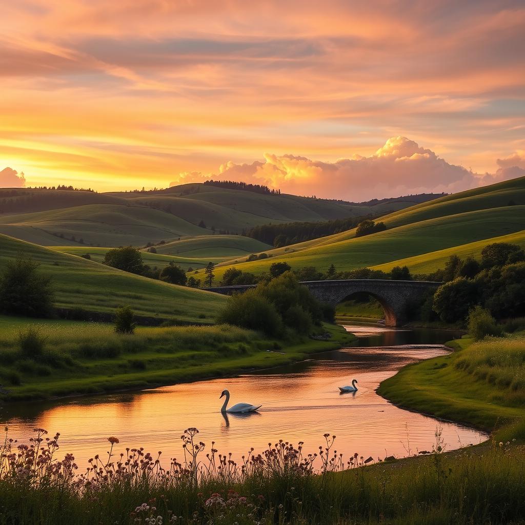 A serene landscape in the heart of the Sarre Valley, showcasing lush rolling hills bathed in the soft light of golden hour
