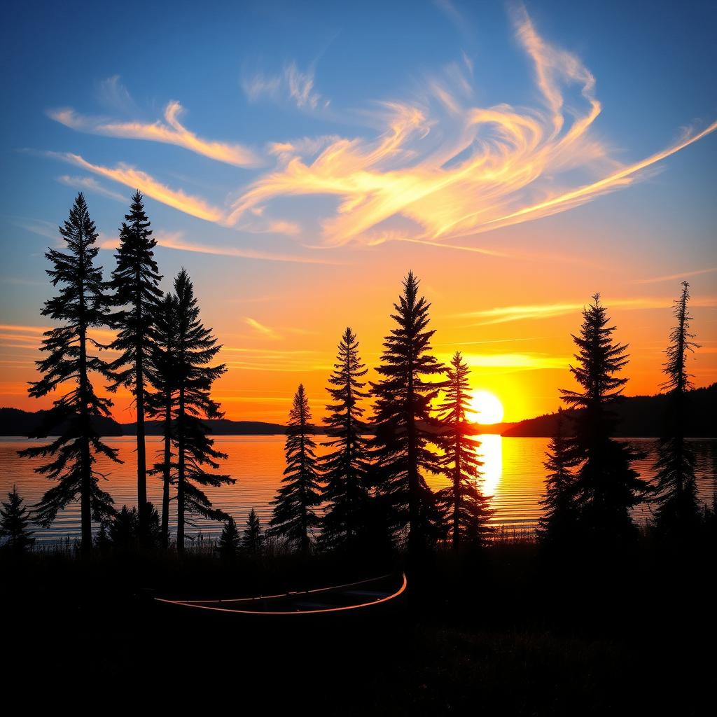 A vivid sunset over a serene lake, with golden and orange hues reflecting off the water