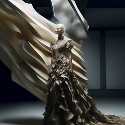 Generate an image of a high fashion, avant-garde editorial photoshoot, showcasing a unique, bespoke and aesthetically advanced design.