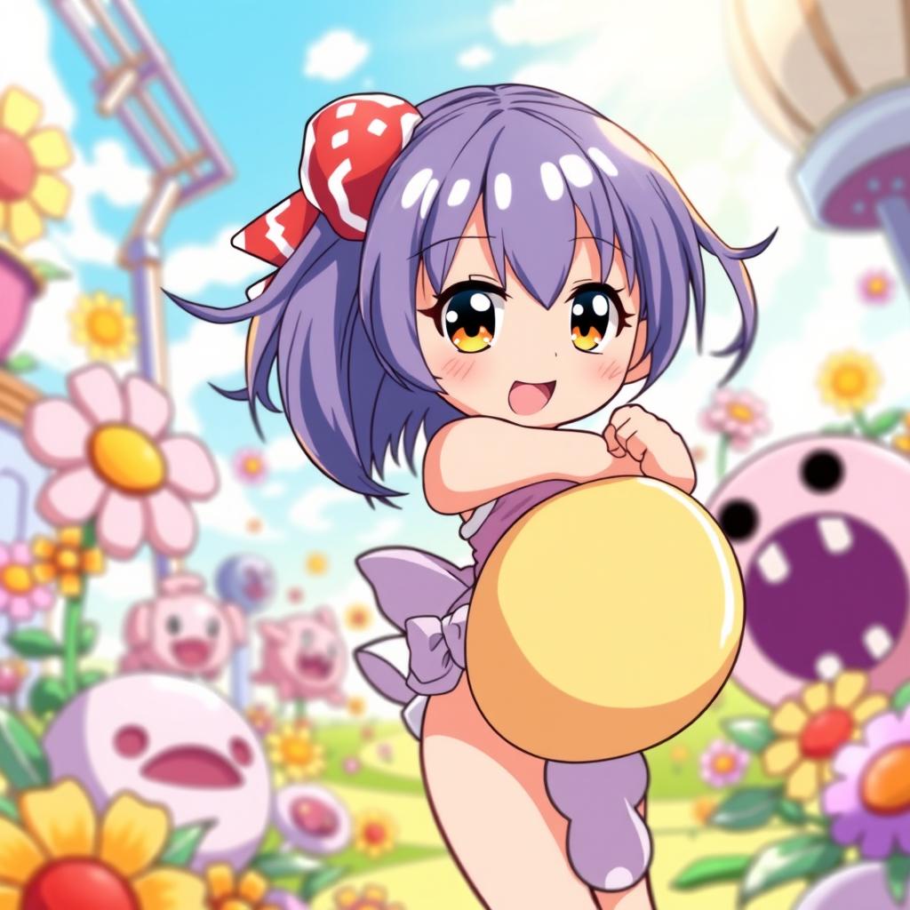 A dynamic and colorful scene featuring an anime-style girl with an exaggeratedly large, cute backside, dressed in a playful outfit