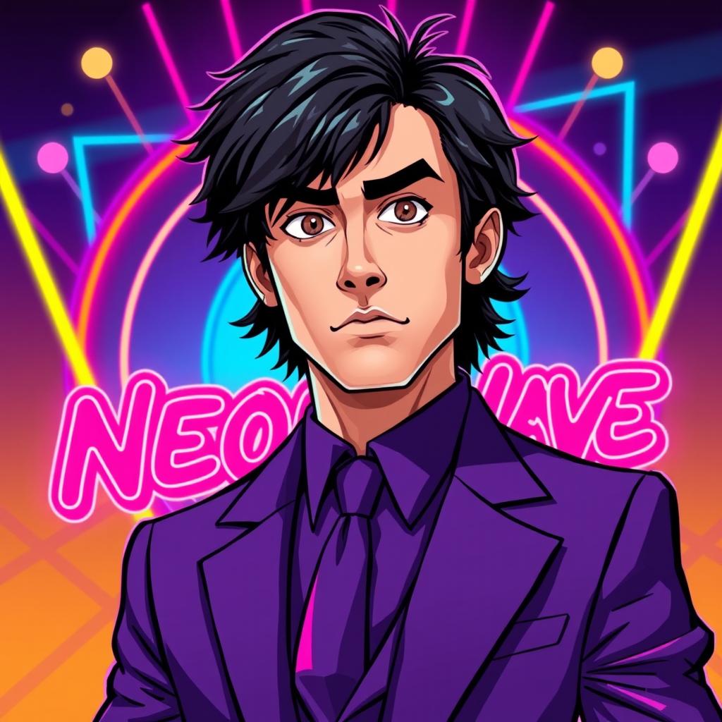A vibrant 2D illustration in a 90's cartoon art style, depicting an adult male character with shaggy black hair and hazel eyes