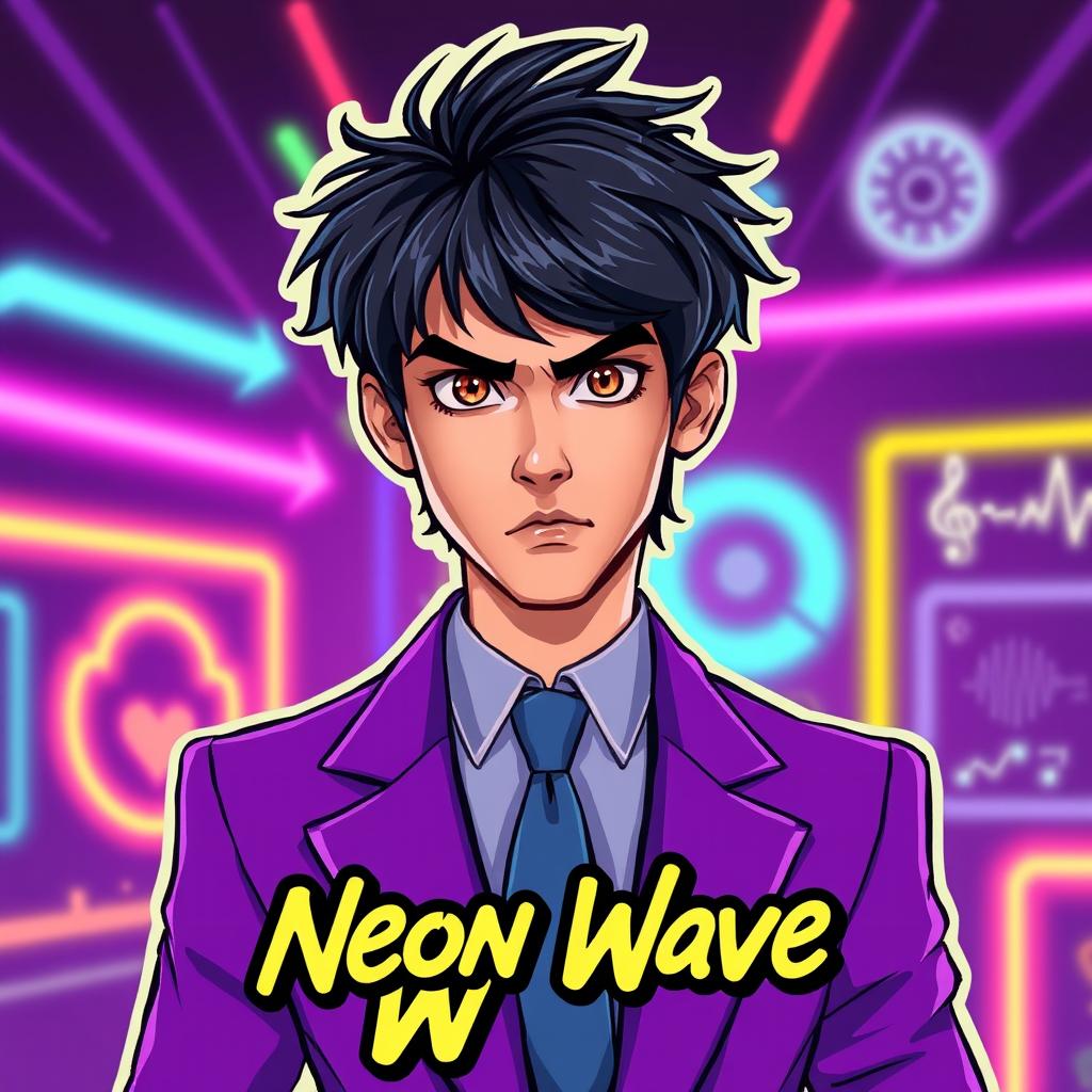 A 2D 90's cartoon style album cover for a new jack swing band named 'Neon Wave'