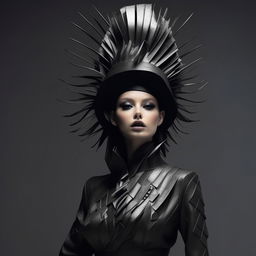 Generate an image of a high fashion, avant-garde editorial photoshoot, showcasing a unique, bespoke and aesthetically advanced design.