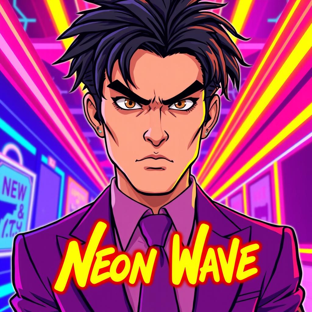 A striking 2D illustration in a 90's cartoon art style, featuring a new jack swing band cover titled 'Neon Wave'