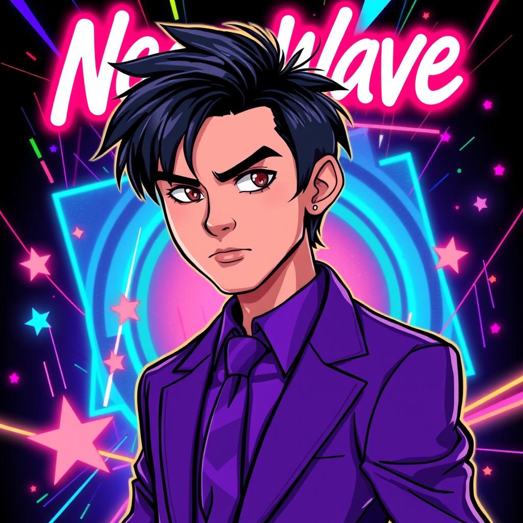 A captivating 2D illustration in a 90's cartoon art style, featuring a new jack swing band cover titled 'Neon Wave'
