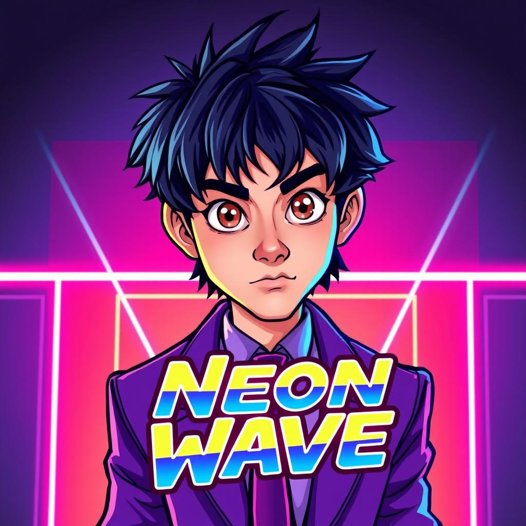 A vibrant and dynamic 2D 90's cartoon-style album cover for a new jack swing band titled 'Neon Wave'
