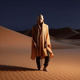 A bald Asian man adorned in avant-garde concept wear, inspired by night-time desert sand dunes.