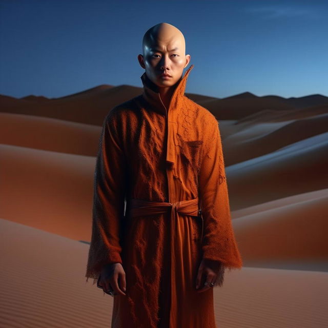 A bald Asian man adorned in avant-garde concept wear, inspired by night-time desert sand dunes.