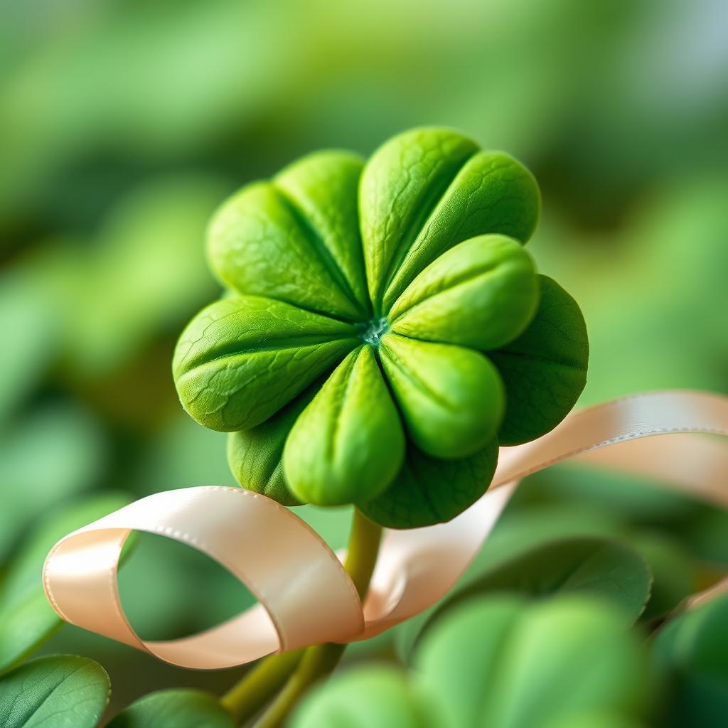 A beautifully detailed clover leaf, vibrant green in color, elegantly wrapped in a shiny ribbon