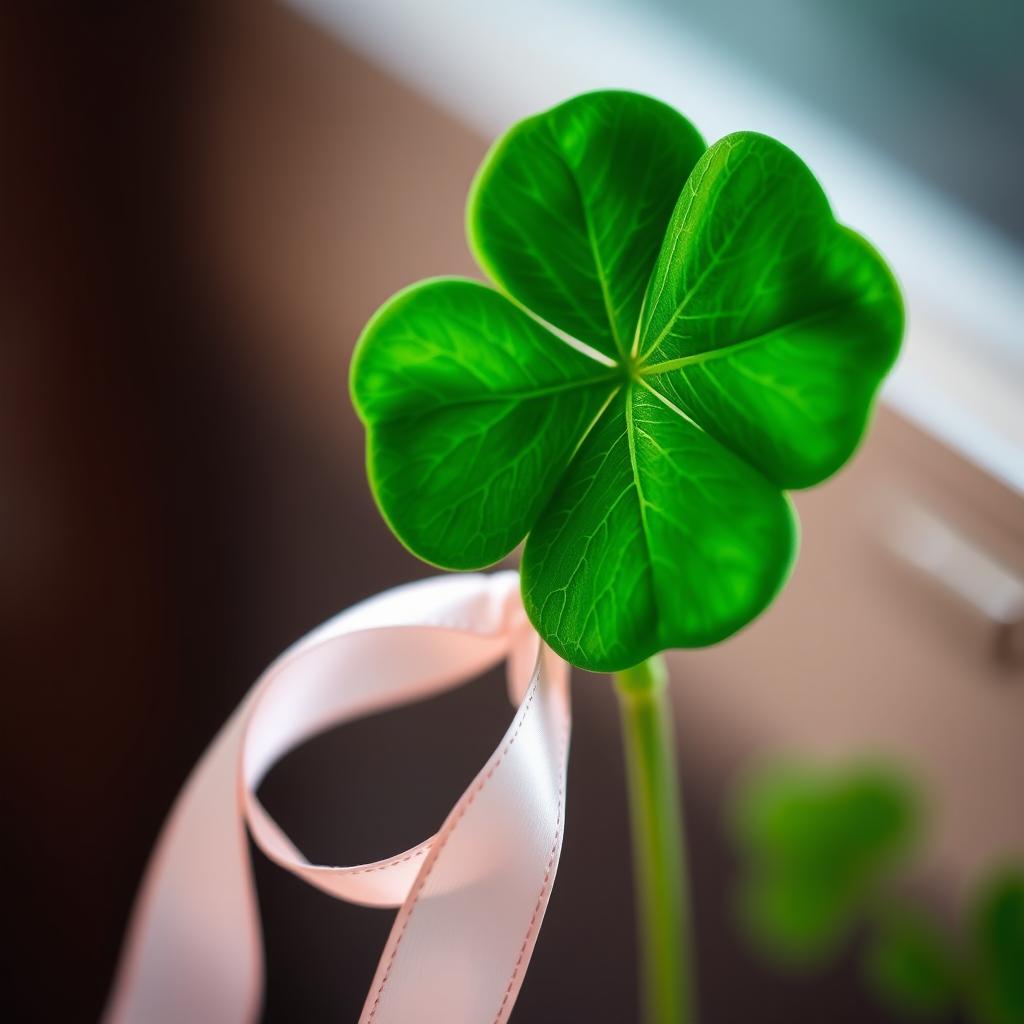 An exquisite clover leaf, rich in vibrant green hues, wrapped delicately in a silky ribbon