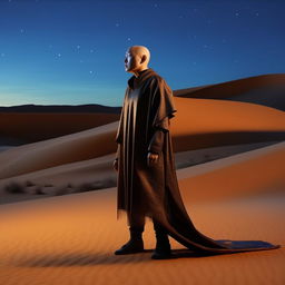 A bald Asian man adorned in avant-garde concept wear, inspired by night-time desert sand dunes.