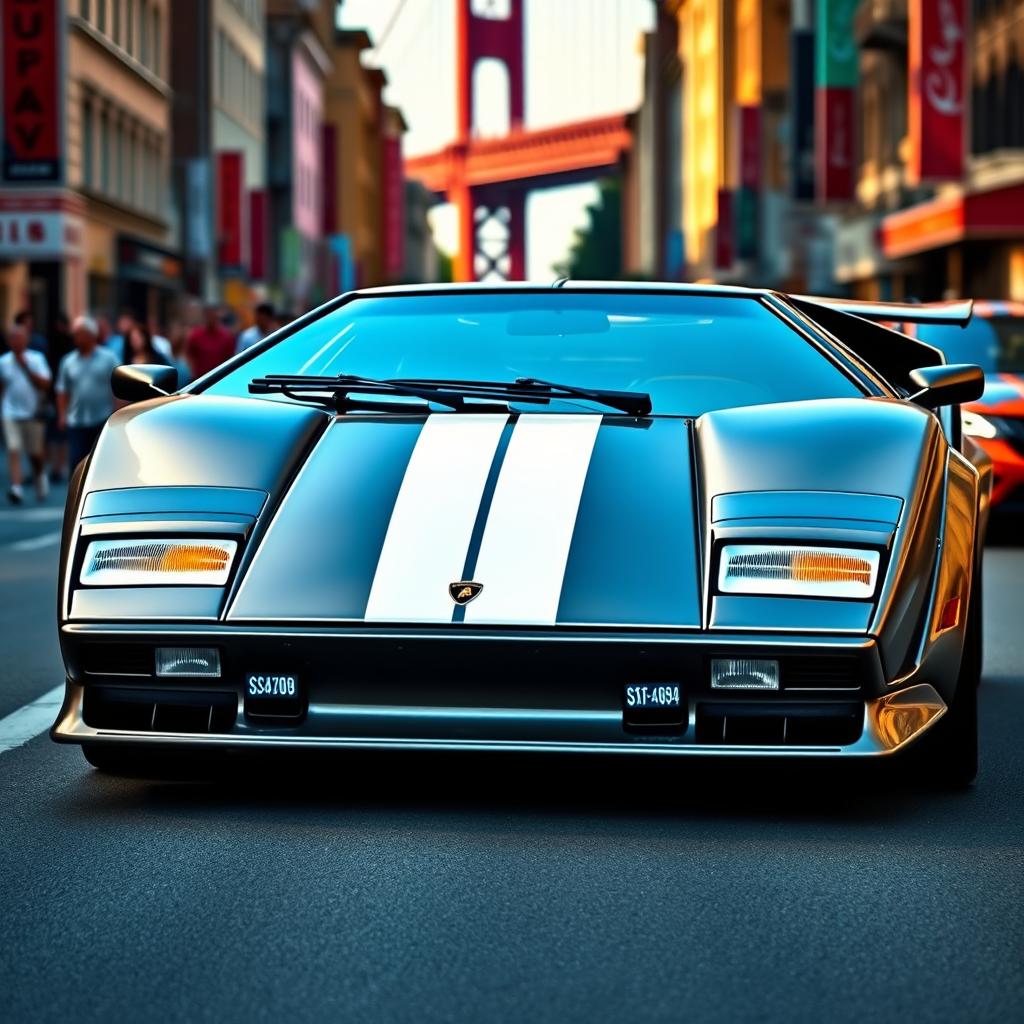 A stunning Lamborghini Countach in a sleek grey color featuring two bold white racing stripes, driving through the vibrant streets of San Francisco
