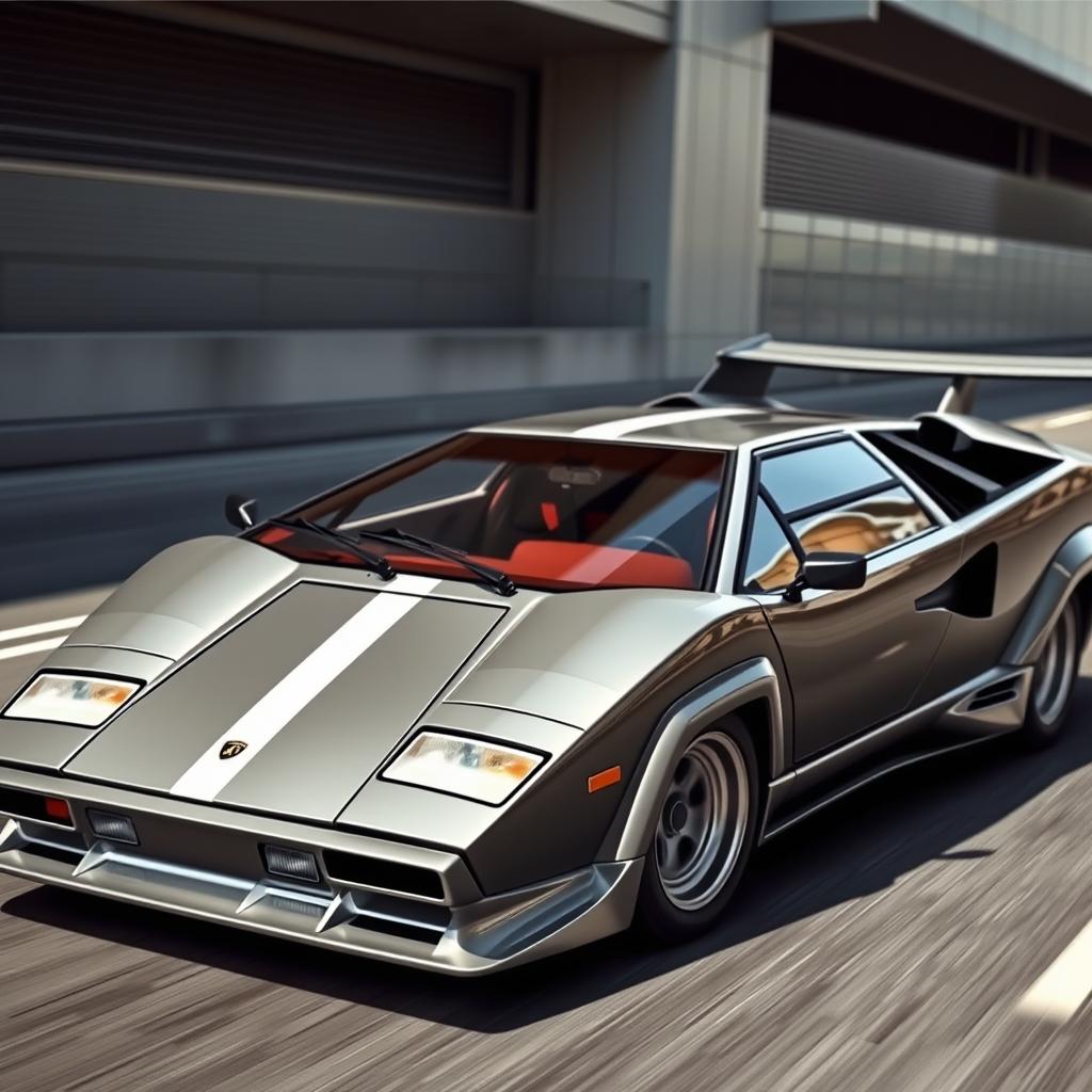 A Lamborghini Countach in a striking grey color, showcasing two prominent white racing stripes along its sleek body