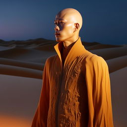 A bald Asian man adorned in avant-garde concept wear, inspired by night-time desert sand dunes.