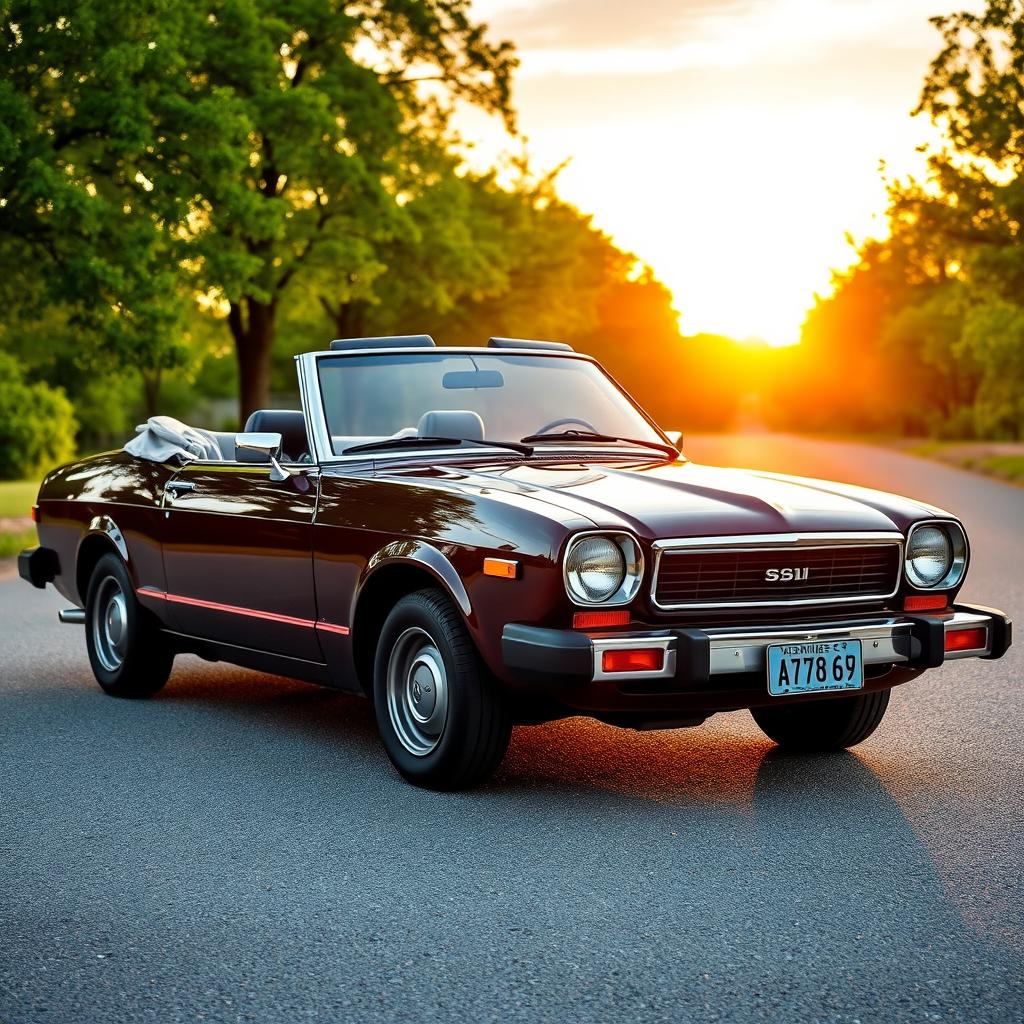 A vintage Datsun 120Y convertible from 1979, showcasing its classic design and charm