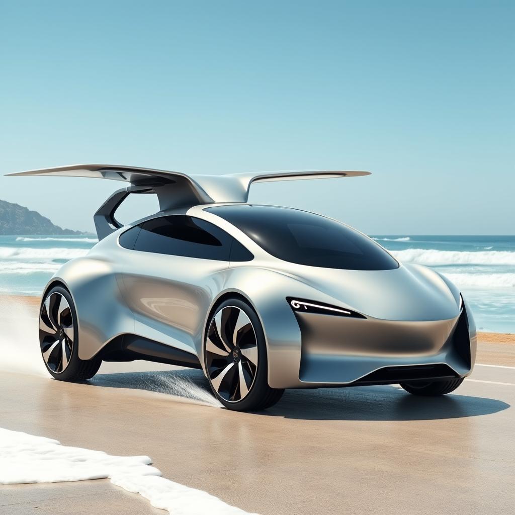 A futuristic electric car designed to seamlessly transition between land, water, and air travel