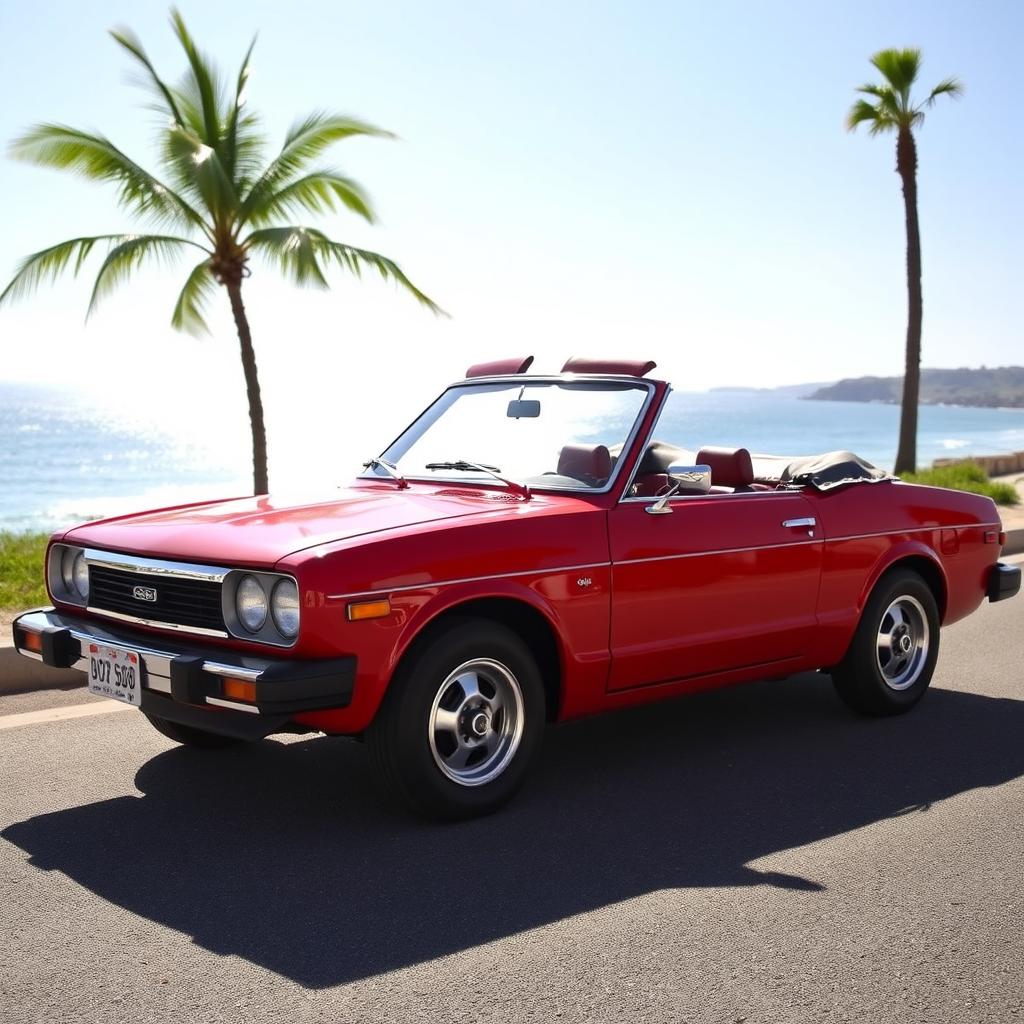 A sleek and stylish 1979 Datsun 120Y convertible parked on a sunny coastal road
