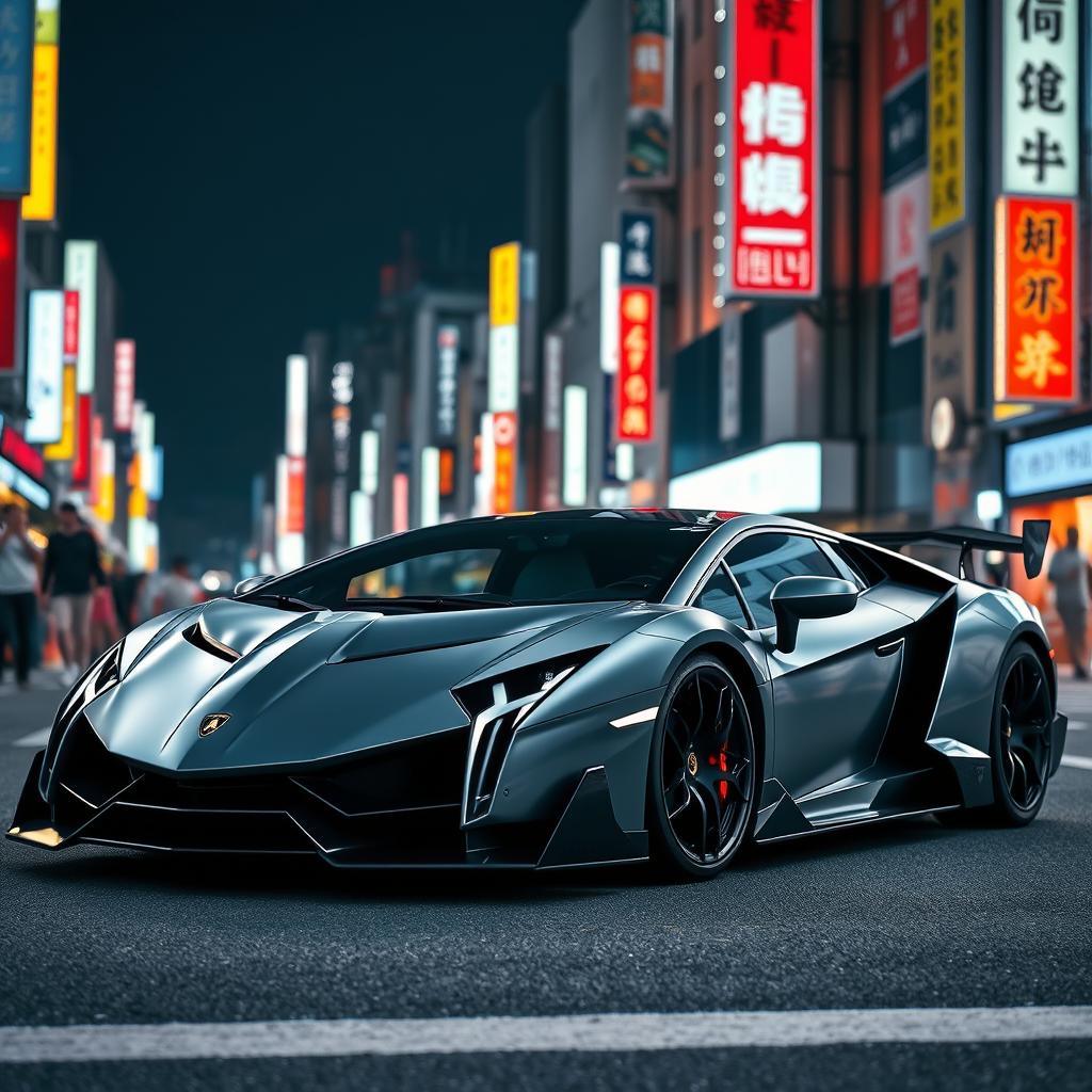 A stunning Lamborghini Veneno in sleek grey color featuring a bold white stripe, named 'Varara'