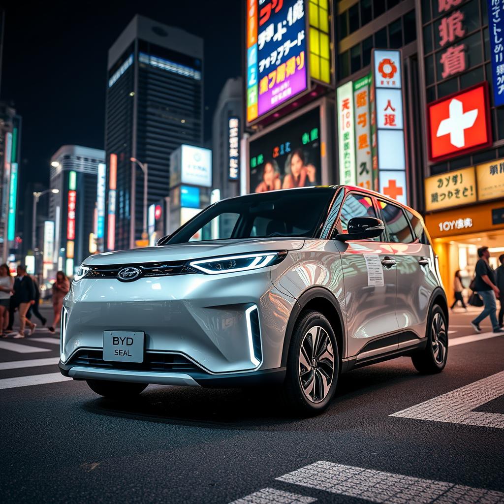A stylish BYD Seal electric car parked in the bustling district of Shinjuku, Tokyo
