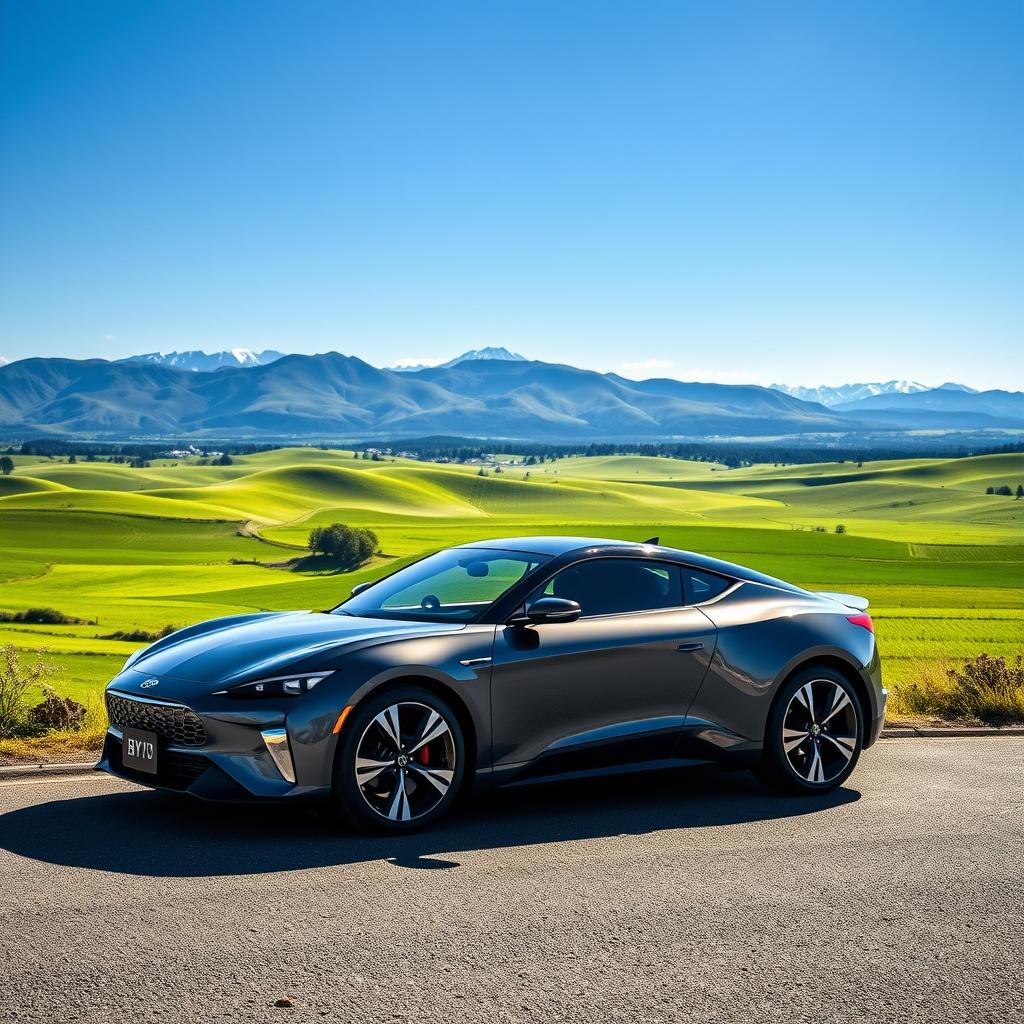 A stunning BYD Seal sports car parked against the breathtaking backdrop of Hokkaido's natural landscape