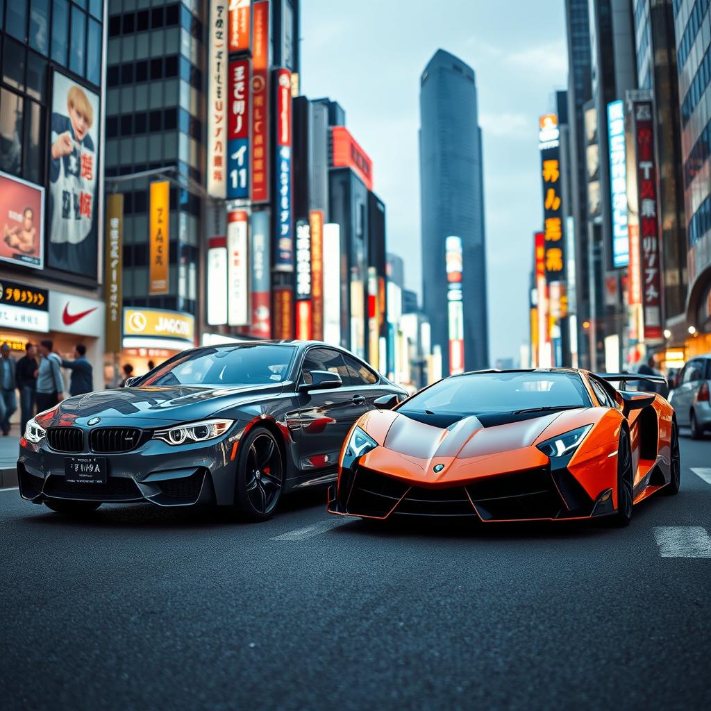 An eye-catching scene featuring a luxurious BMW parked alongside a striking Lamborghini Veneno in the bustling streets of Tokyo