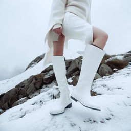 All white boots in a fashion editorial style, set against the backdrop of a snow storm in snowy mountains.