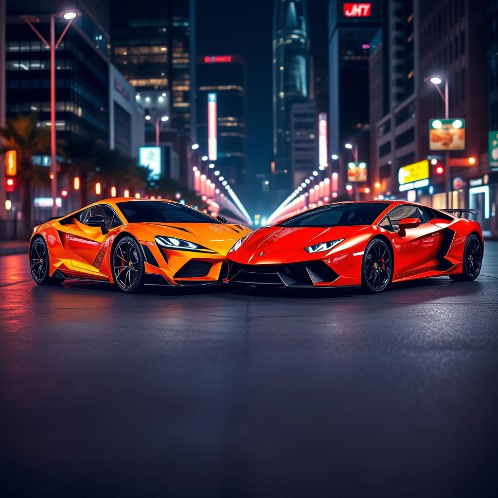 A thrilling side-by-side display of a sleek Toyota Supra car and an extravagant Lamborghini Aventador, also affectionately known as 'Lambo
