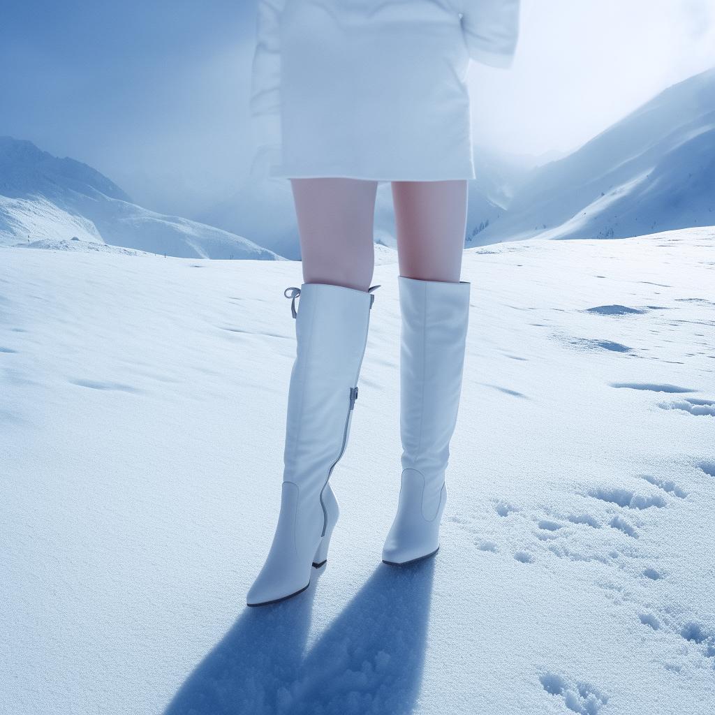 All white boots in a fashion editorial style, set against the backdrop of a snow storm in snowy mountains.