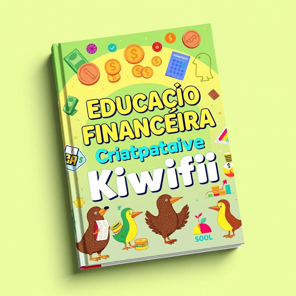 A creatively designed cover of a financial education book titled 'Educação Financeira Criativa para Kiwifi'