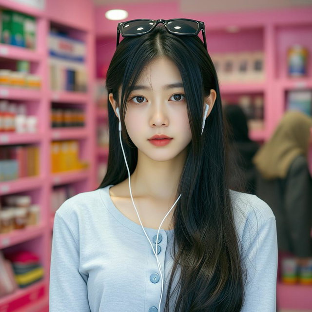 A beautiful Korean woman with long black hair partially covering her shoulders