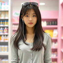 A beautiful Korean woman with long black hair partially covering her shoulders